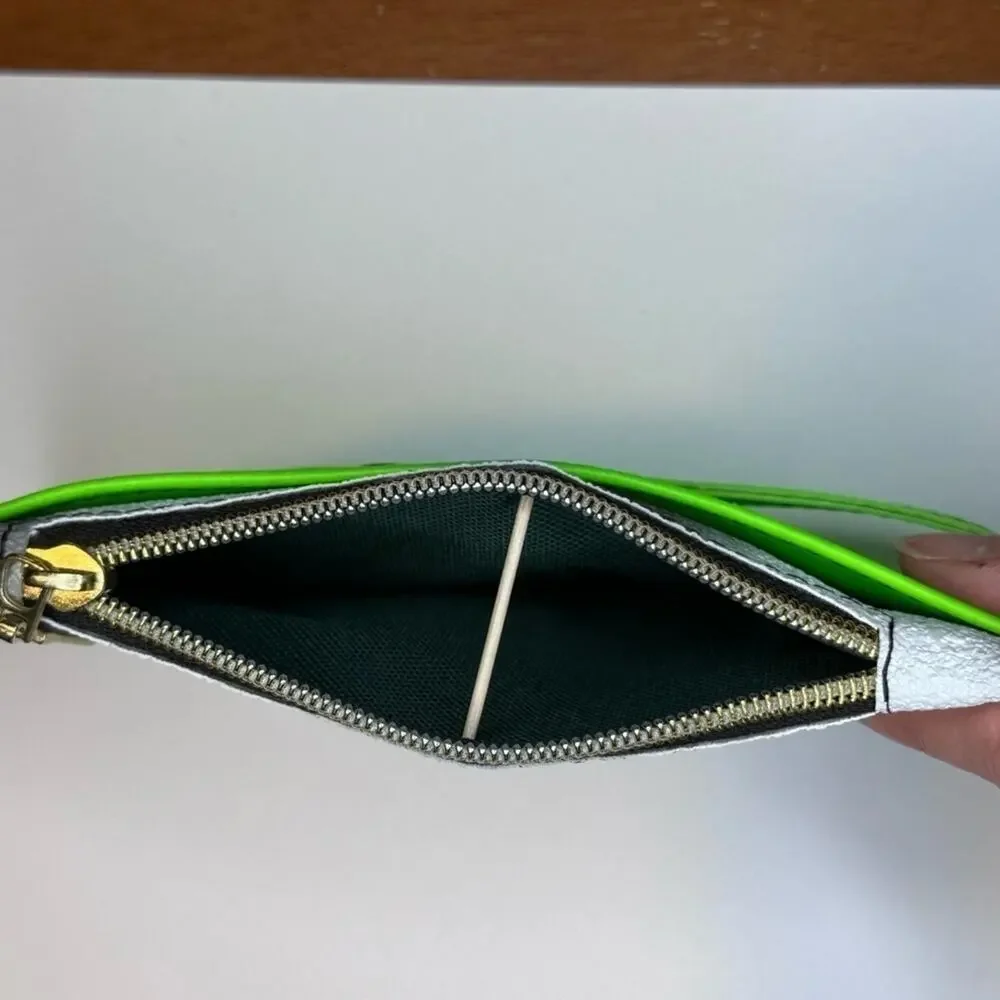 Wallet handmade green black white stripe gold color plastic zipper